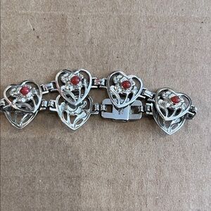 STERLING SILVER HEART BRACELET WITH GARNET STONE, marked